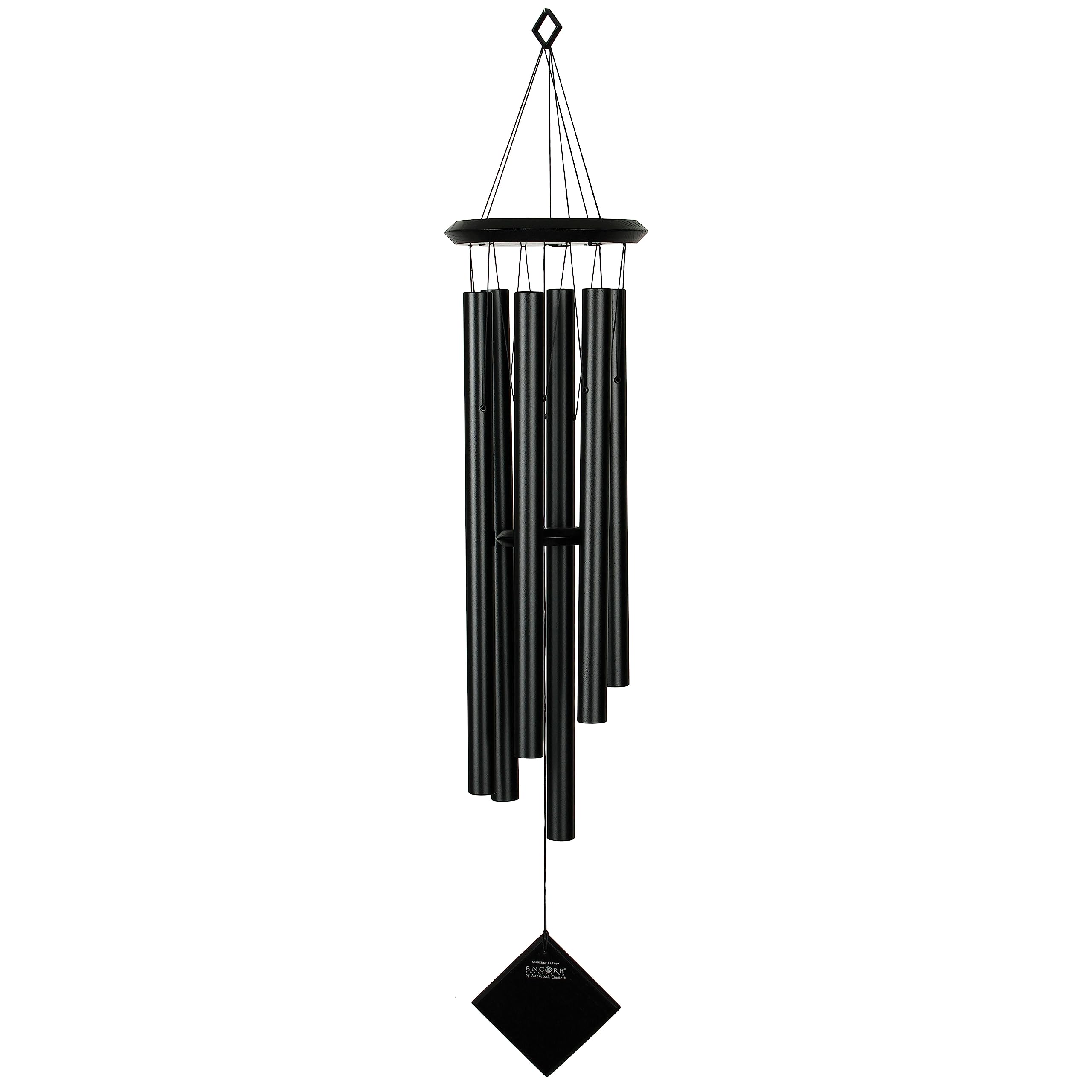Woodstock Chimes Pluto front view showing black wood top and tubes, adds elegant outdoor sound