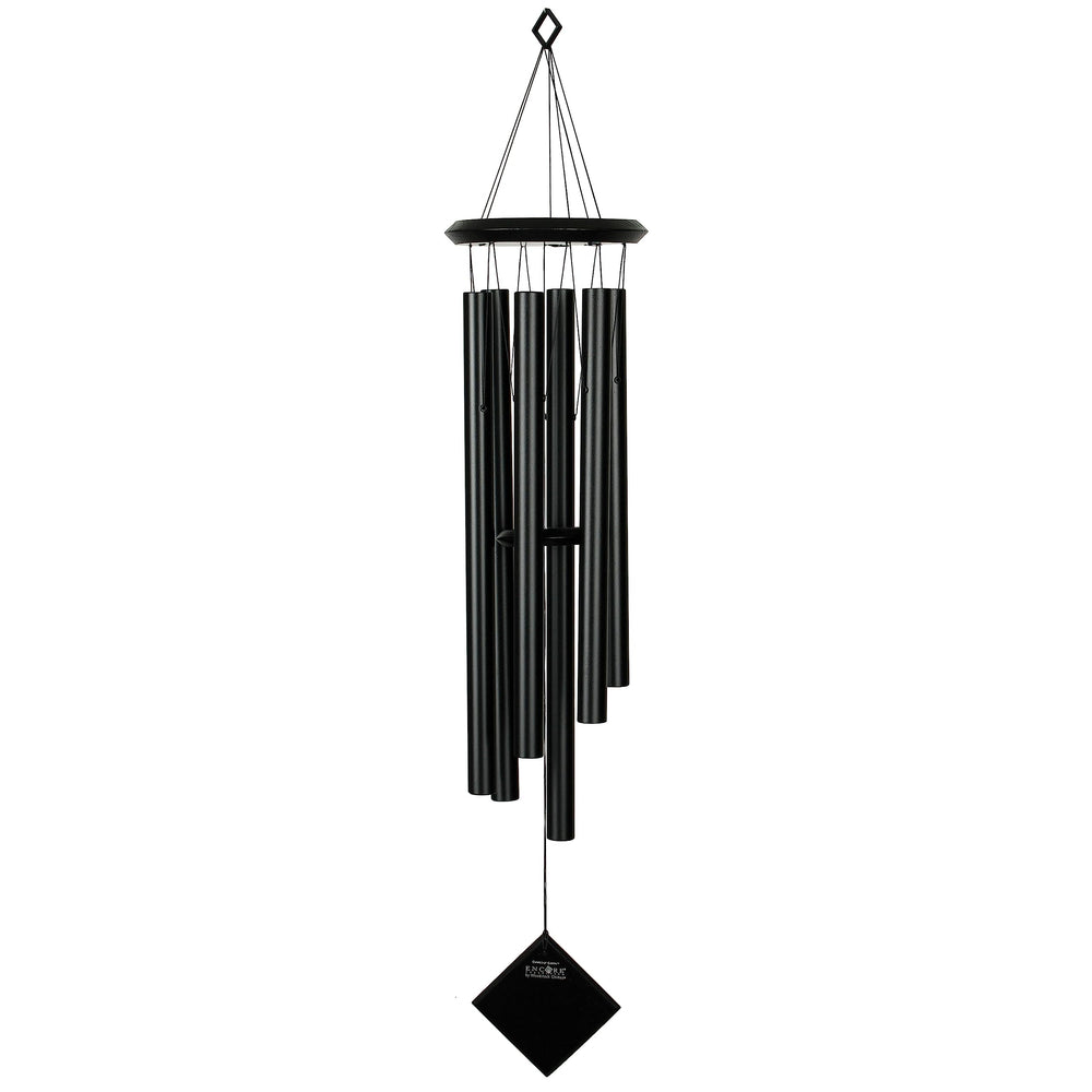 Woodstock Chimes Pluto front view showing black wood top and tubes, adds elegant outdoor sound