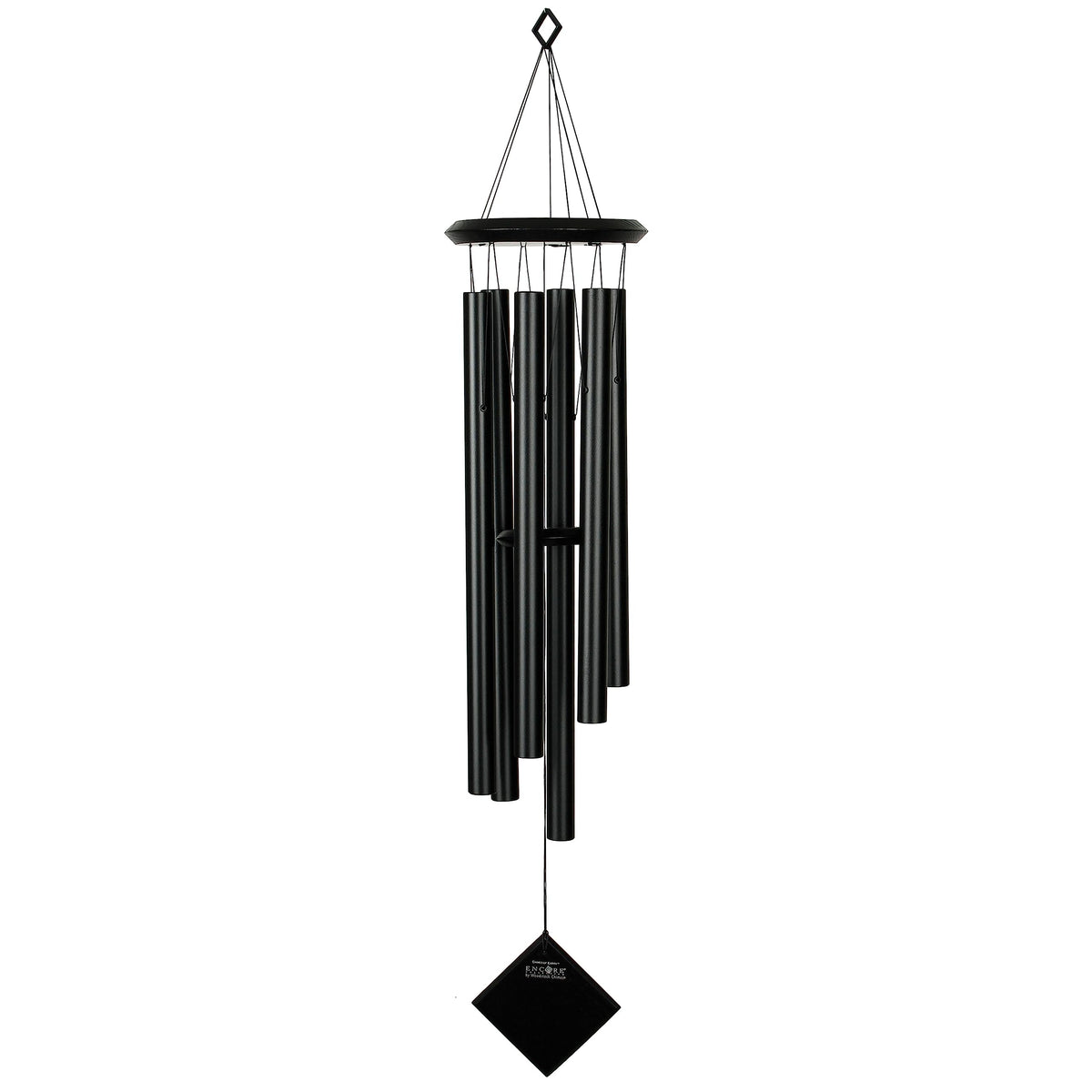 Woodstock Chimes Pluto front view showing black wood top and tubes, adds elegant outdoor sound