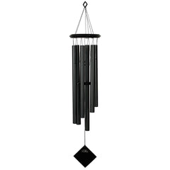 Woodstock Chimes Pluto front view showing black wood top and tubes, adds elegant outdoor sound