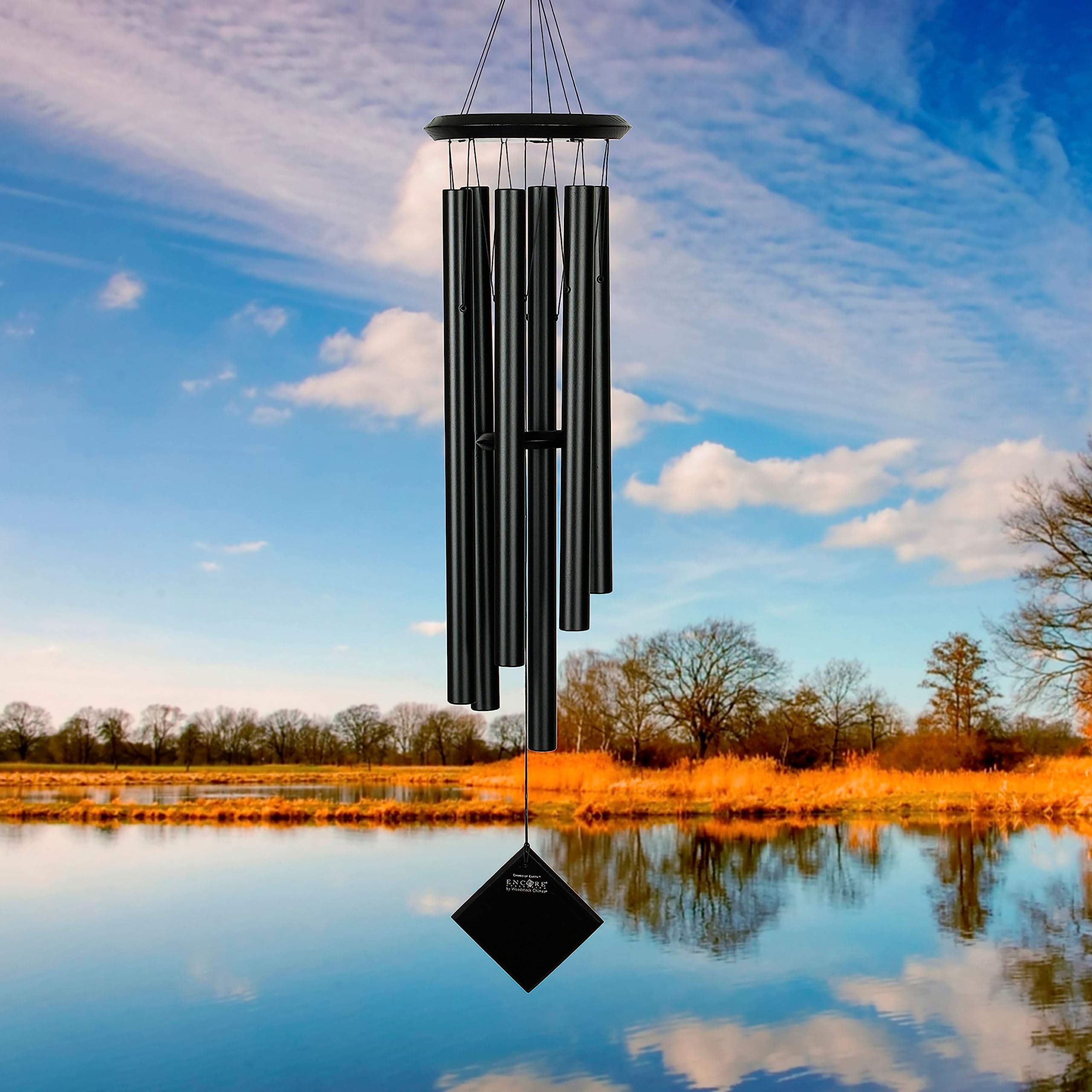 Woodstock Chimes Pluto close-up of satin black aluminum tubes, reveals quality and clear tone