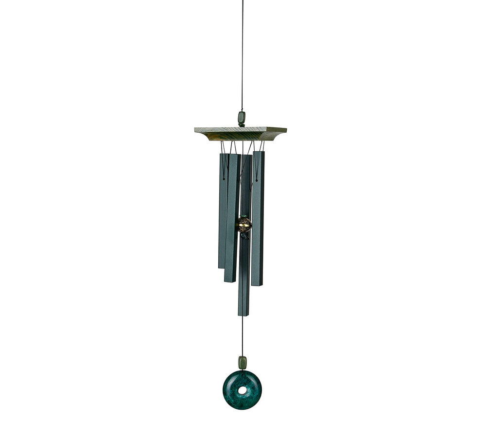 Woodstock Chimes jade closeup of satin green aluminum tubes benefit: clear, tuned sound
