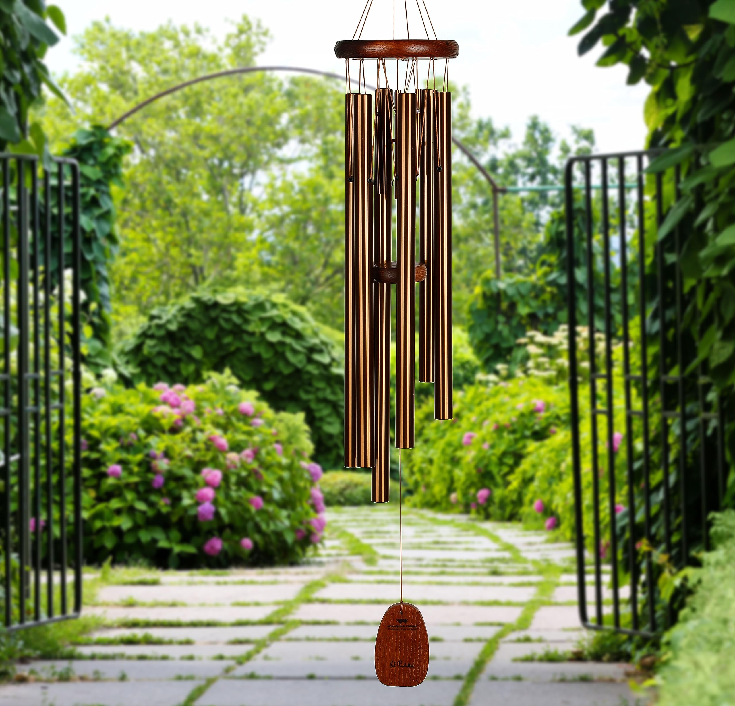 Woodstock Chimes ash wood top and gather ring detail highlighting weather-resistant bubinga finish and sturdy hanging, durable construction