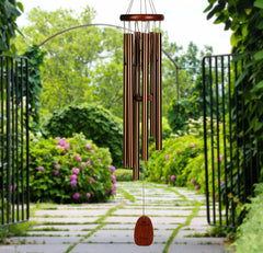 Woodstock Chimes ash wood top and gather ring detail highlighting weather-resistant bubinga finish and sturdy hanging, durable construction