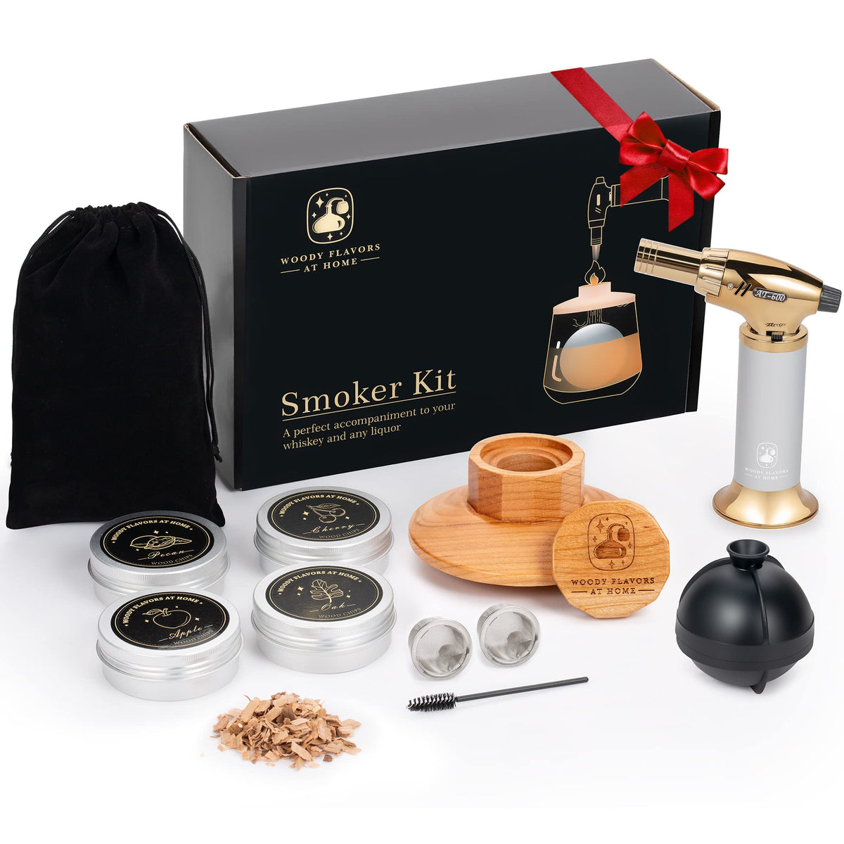 Woody Flavors At Home front packshot showing full kit for smoky cocktails