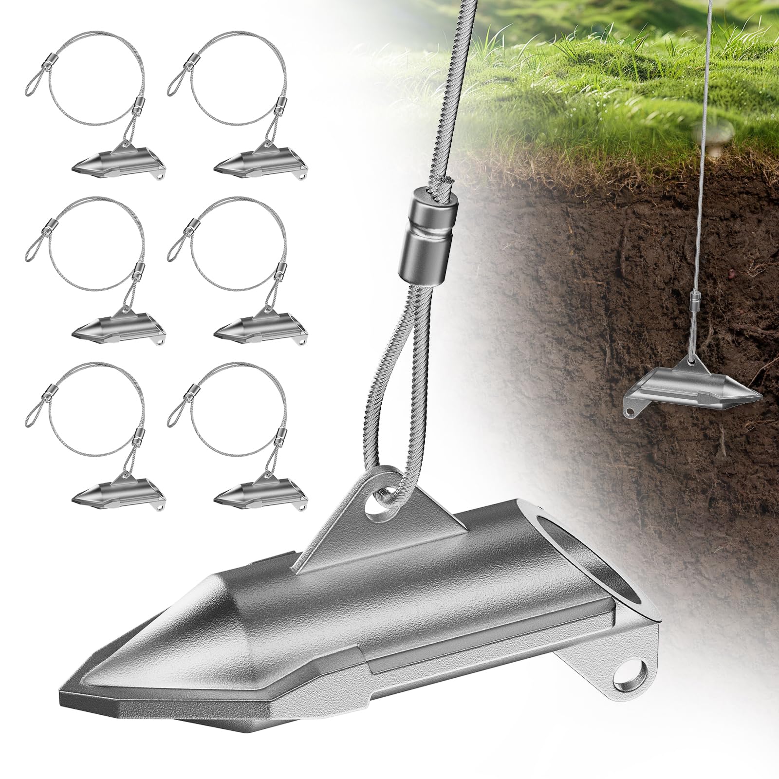 WooFog front view of duckbill earth anchor showing sturdy shape and secure hold