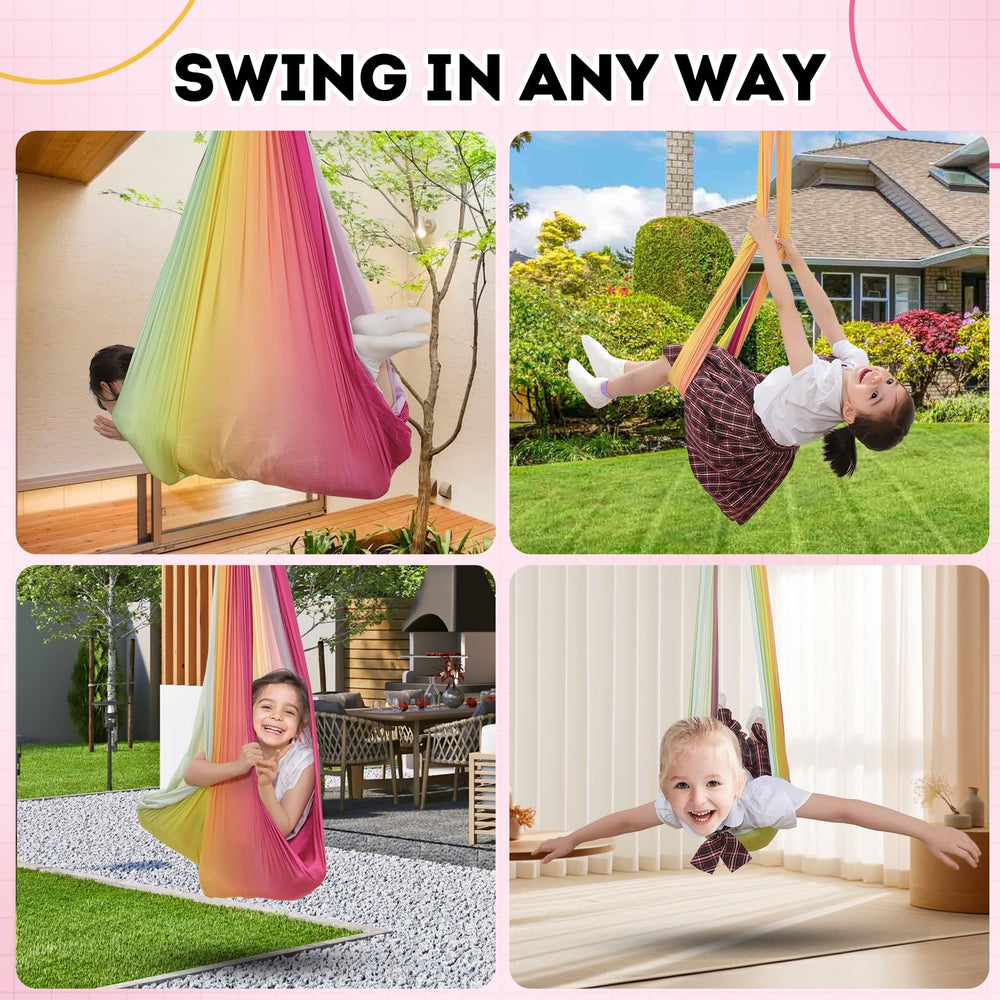 Woqiuke adult seated in the swing illustrating 300 lb capacity and supportive cocoon feel