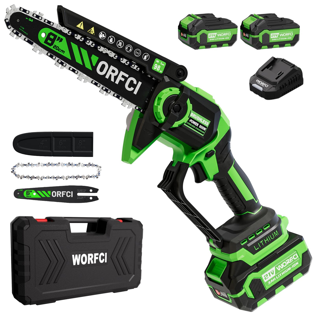 WORFCI front view of chainsaw kit showing compact design and kit completeness