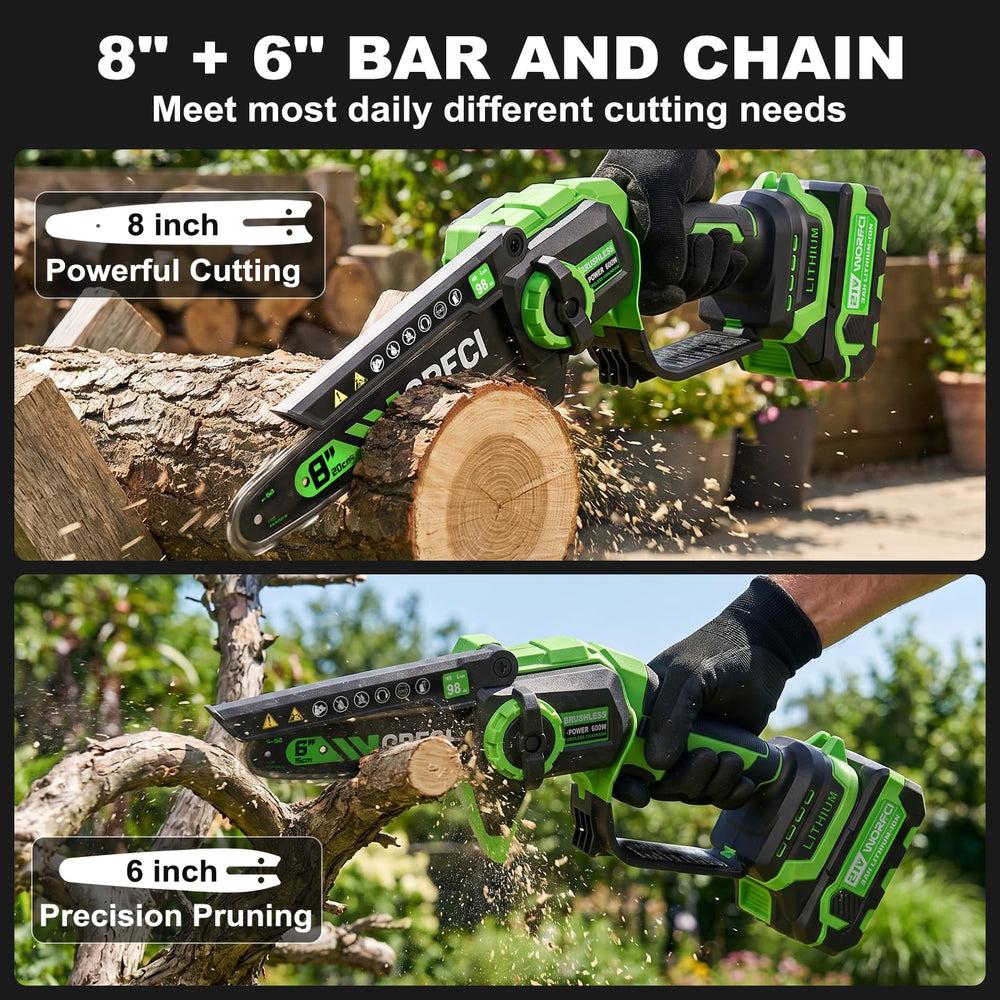 WORFCI chainsaw held in hand illustrating lightweight easy-to-handle size