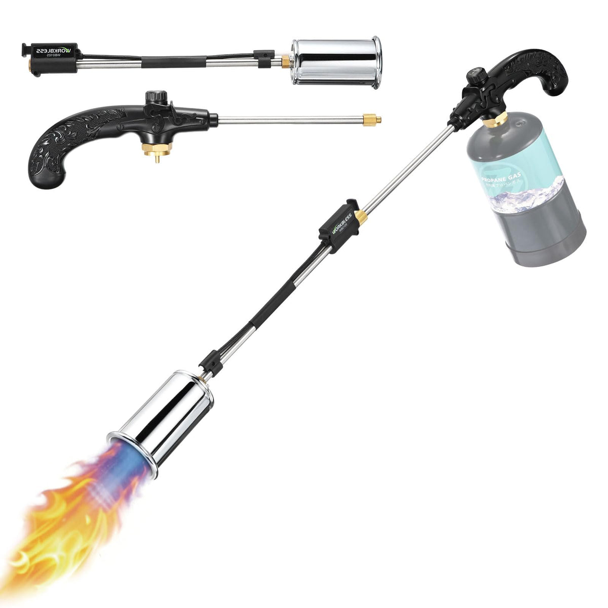 WorkBless front view of the propane torch kit showing complete components and portability benefit