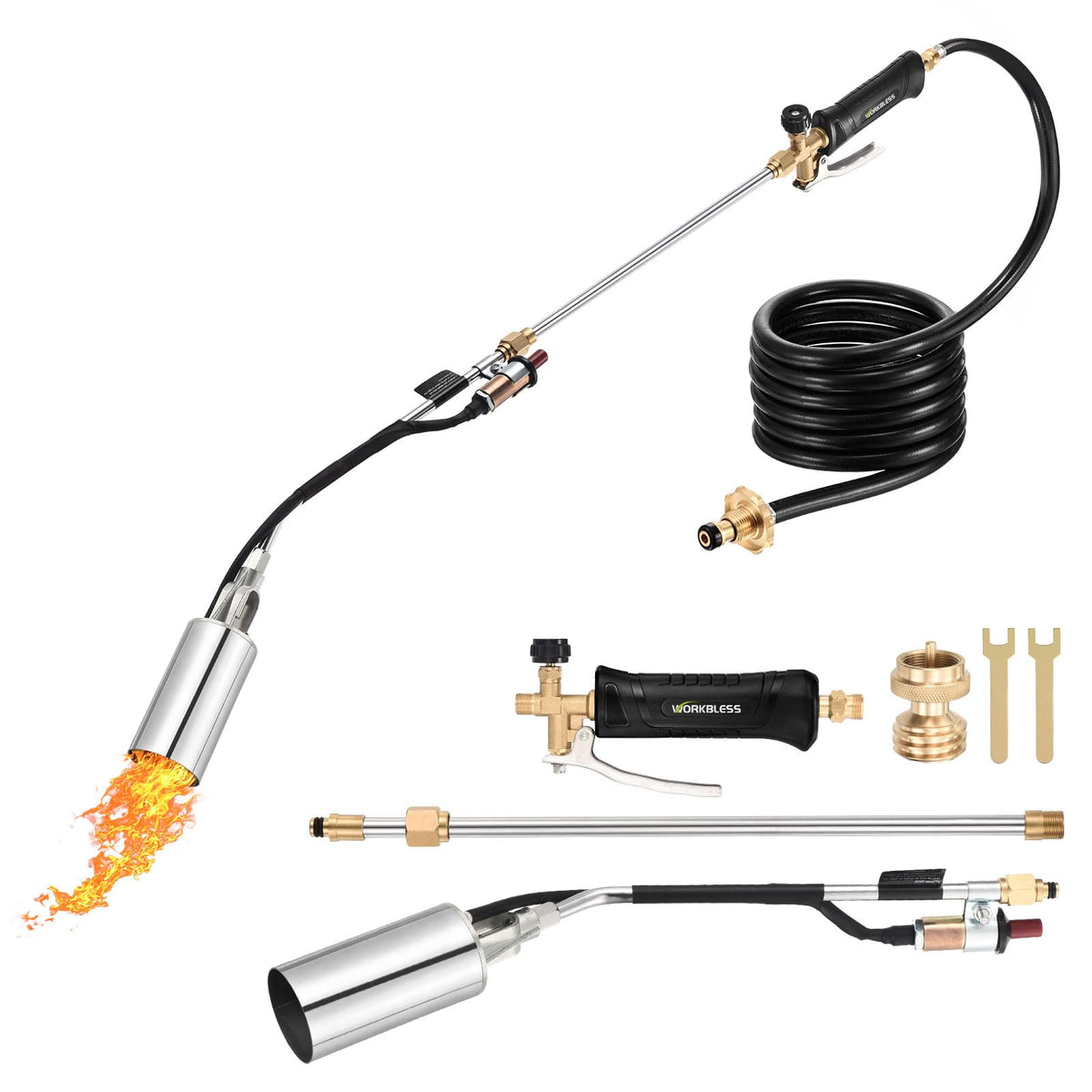 WorkBless torch front view showing nozzle and long rod for powerful heating