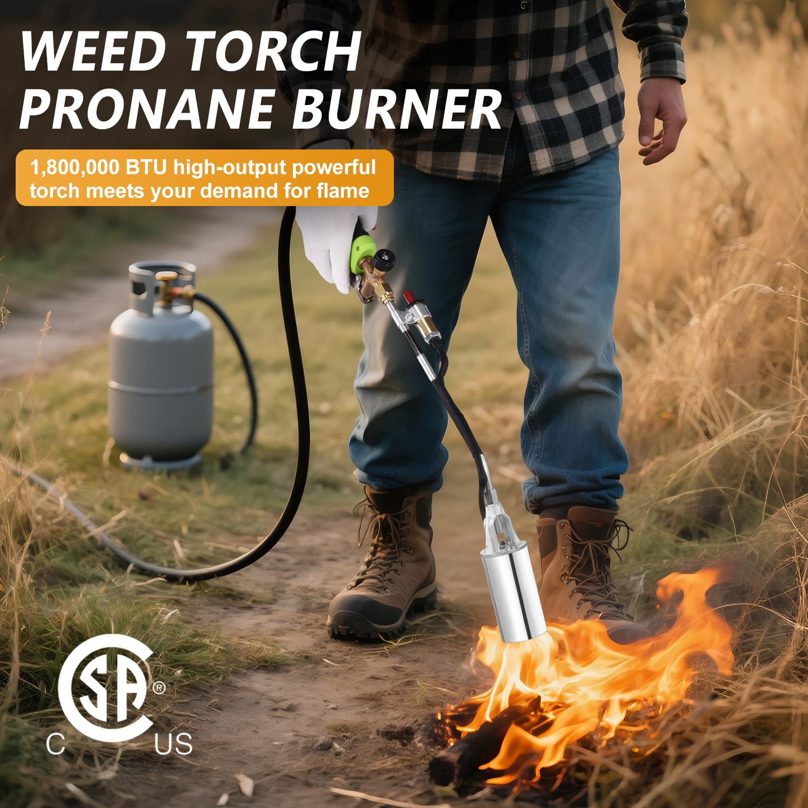 WorkBless torch in use with focused flame breaking down weeds quickly