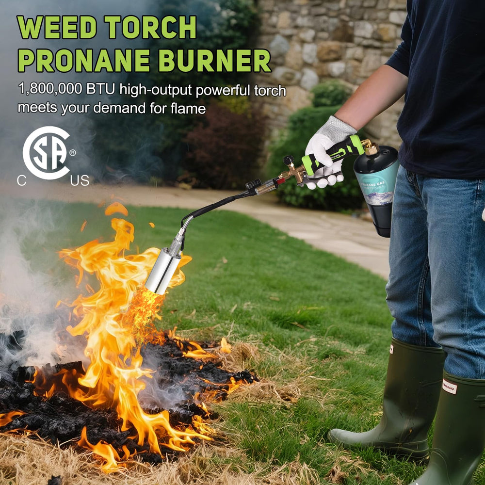 WorkBless torch shown next to 1-lb and 20-lb tanks to illustrate size and compatibility