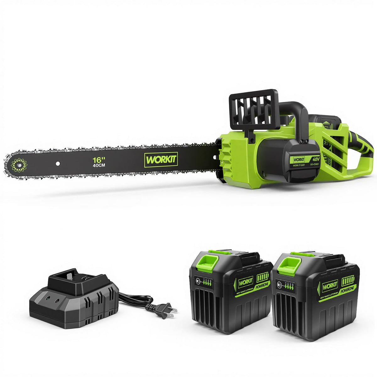 WORKIT chainsaw front view showing compact design and controls