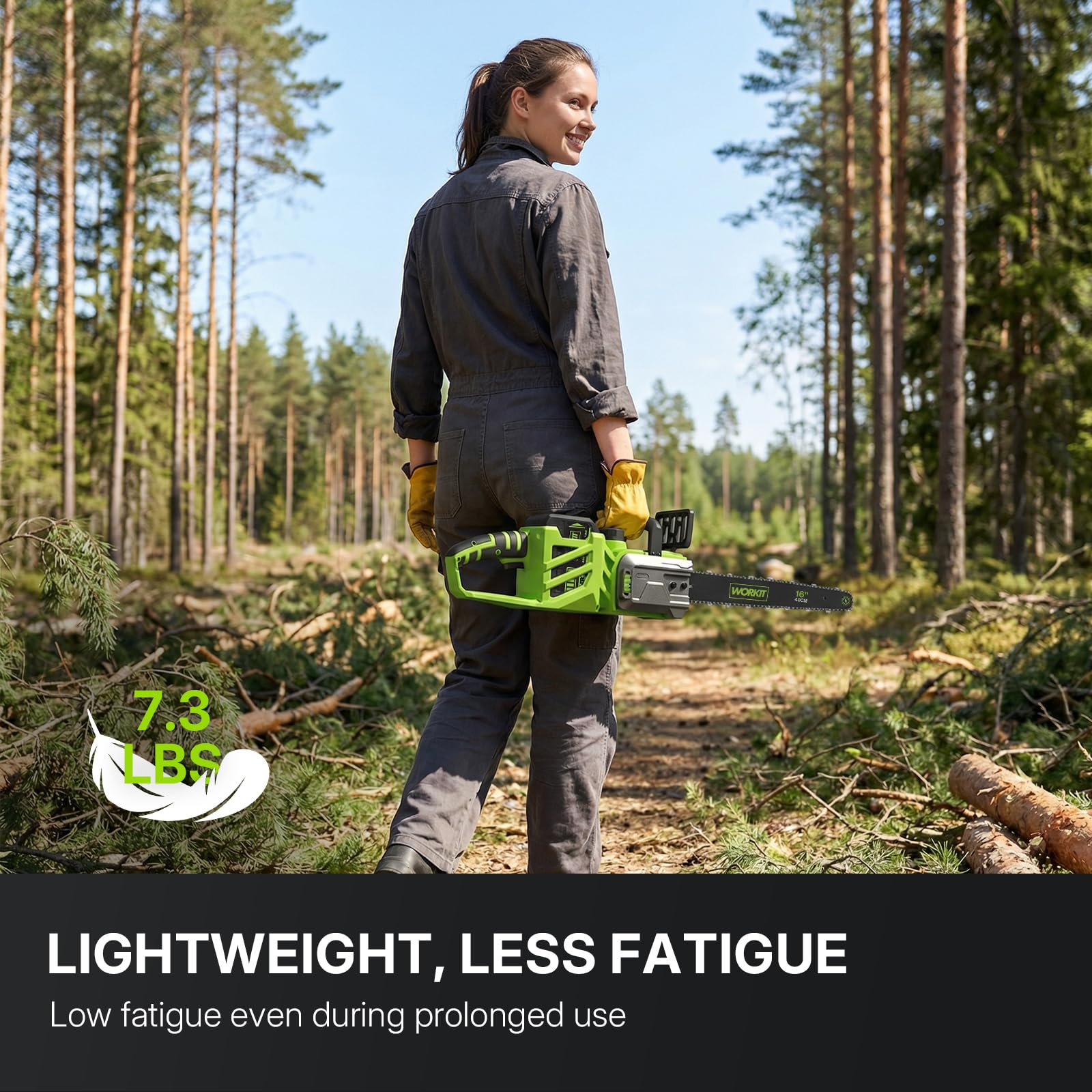 WORKIT chainsaw on scale showing 7.3 lbs lightweight advantage