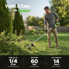 WORKIT close-up brushless motor label highlighting longer life and quiet operation