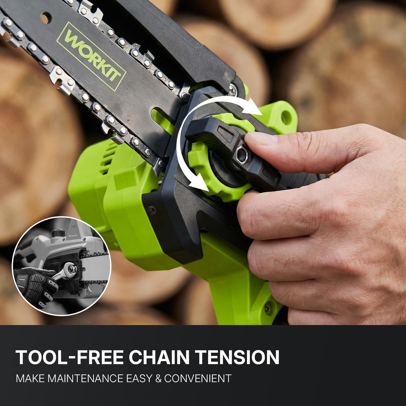WORKIT cutting an 8-inch log illustrating fast cuts and efficient brushless motor
