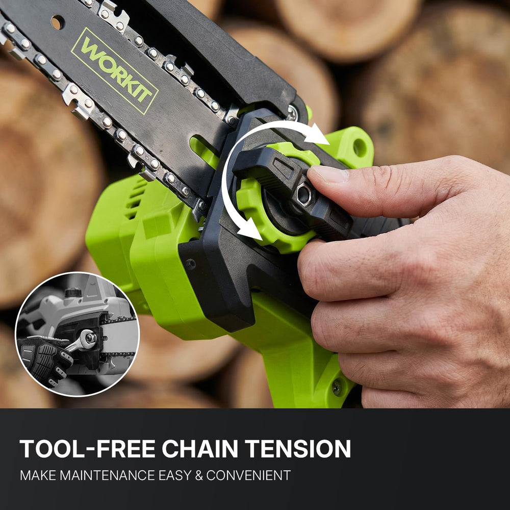 WORKIT cutting an 8-inch log illustrating fast cuts and efficient brushless motor