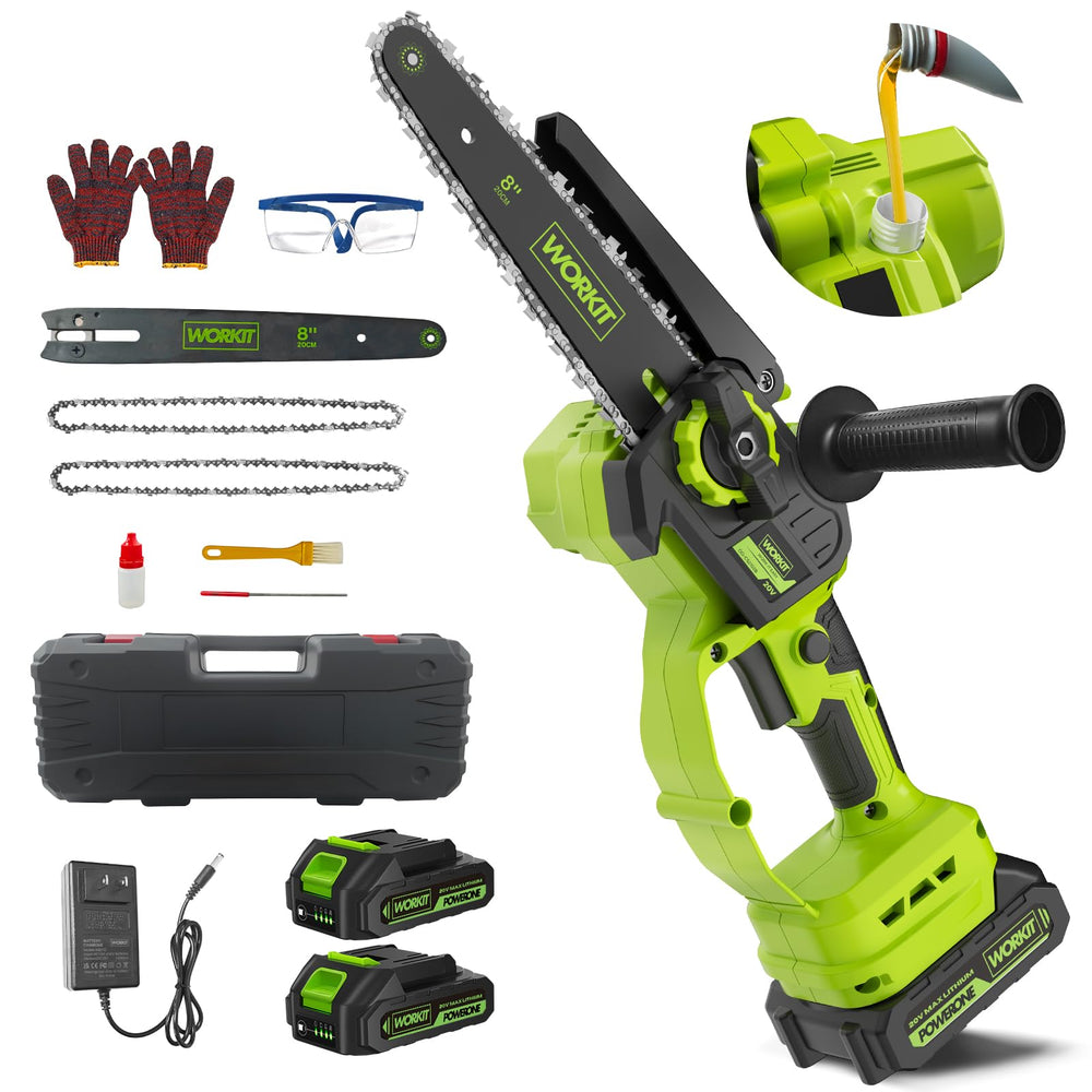 WORKIT front view of 8-inch cordless chainsaw showing compact design and quick trimming