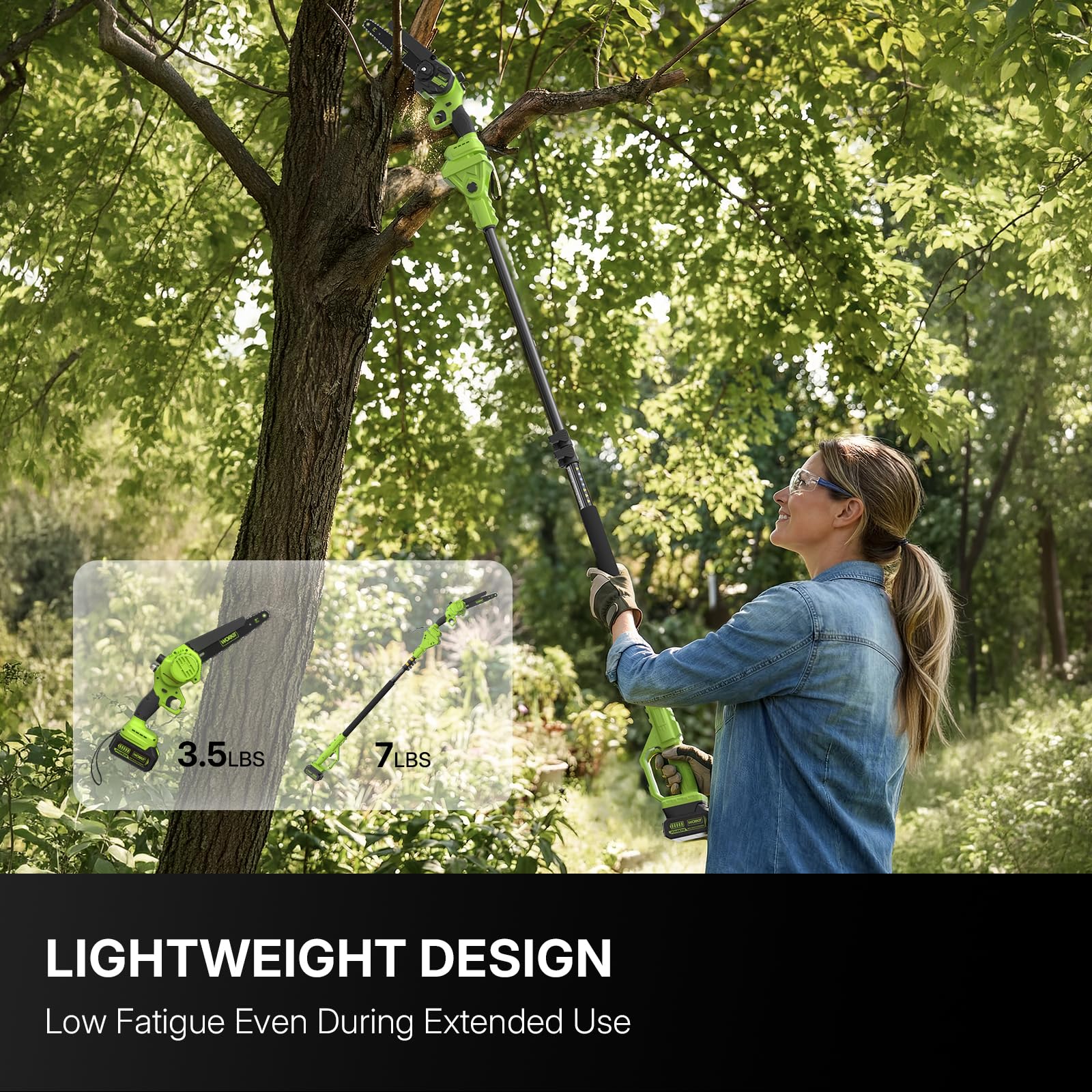 WORKIT in use trimming a tree branch showing safer ladder-free pruning