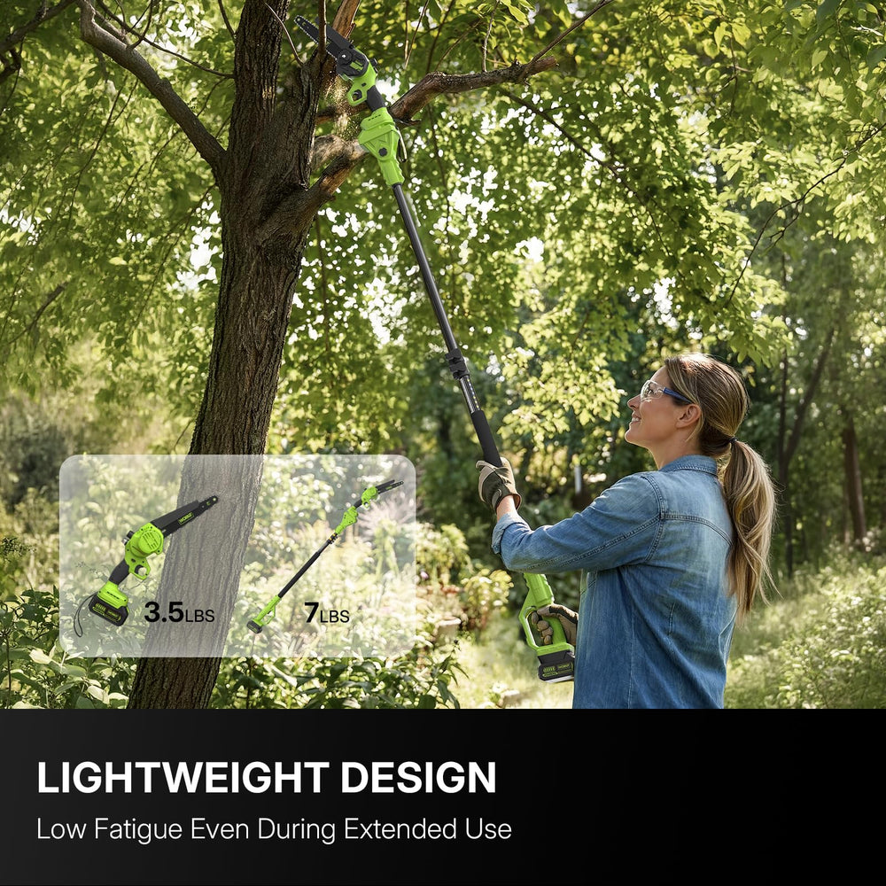 WORKIT in use trimming a tree branch showing safer ladder-free pruning