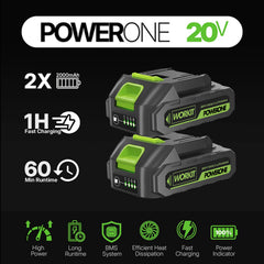 WORKIT two 2.0Ah batteries and charger displayed for continuous runtime benefit