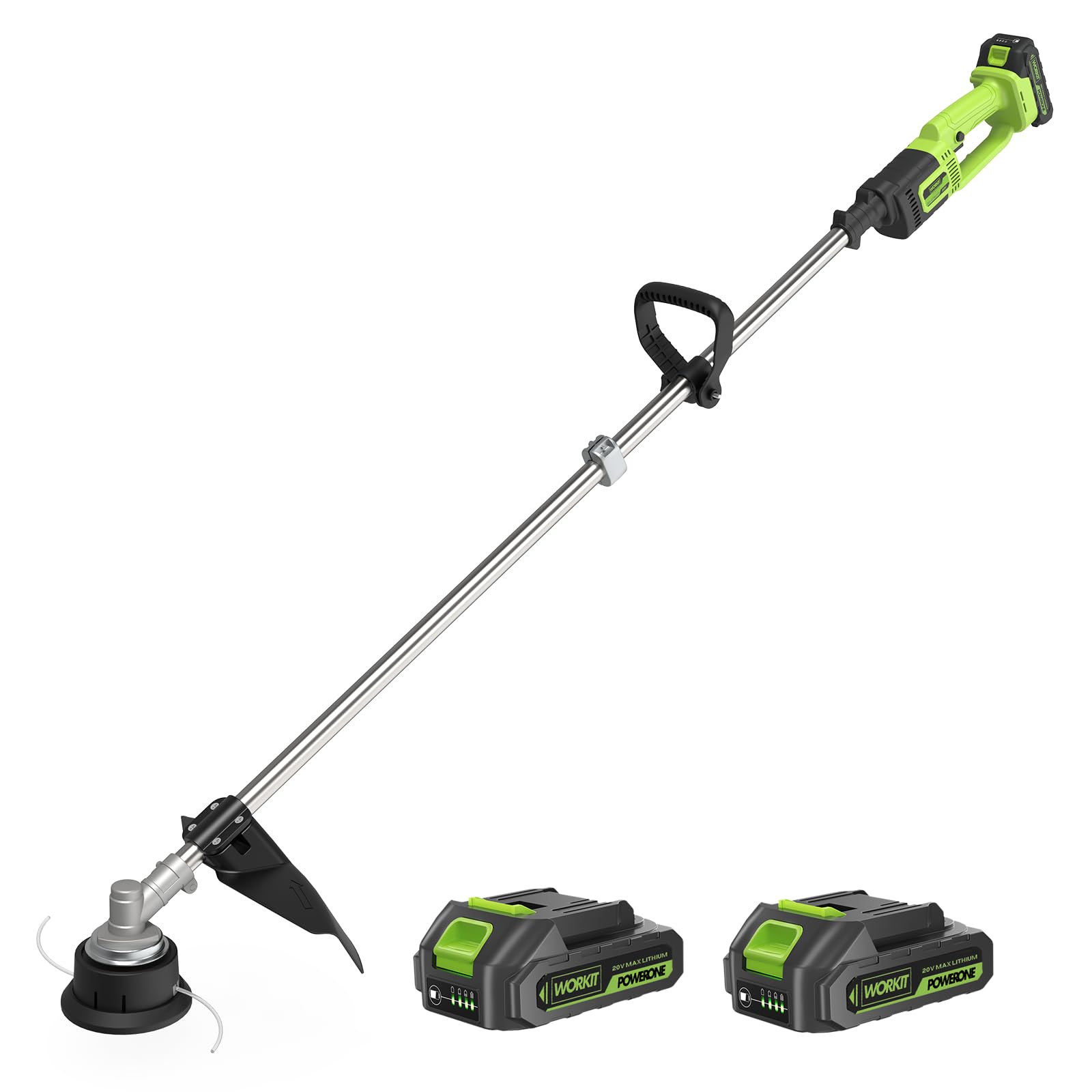 WORKIT trimmer front view showing 14-inch cutting swath and lightweight design benefit