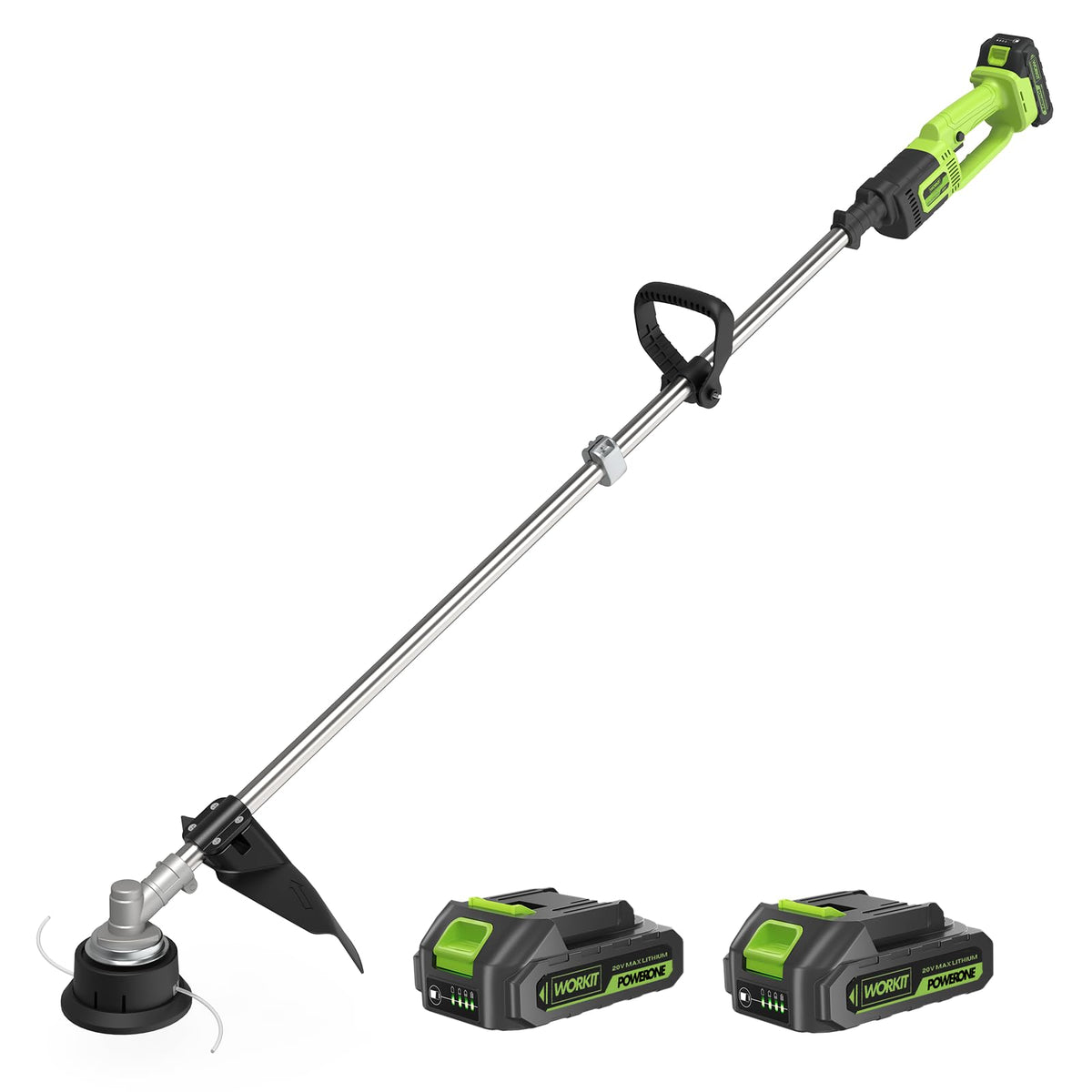 WORKIT trimmer front view showing 14-inch cutting swath and lightweight design benefit