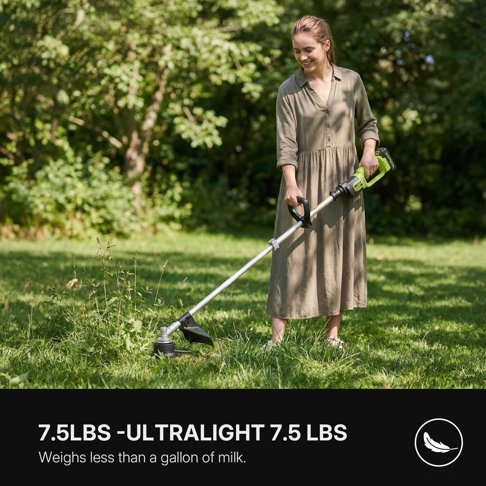 WORKIT trimmer in a garden lifestyle scene showing neat lawn maintenance benefit