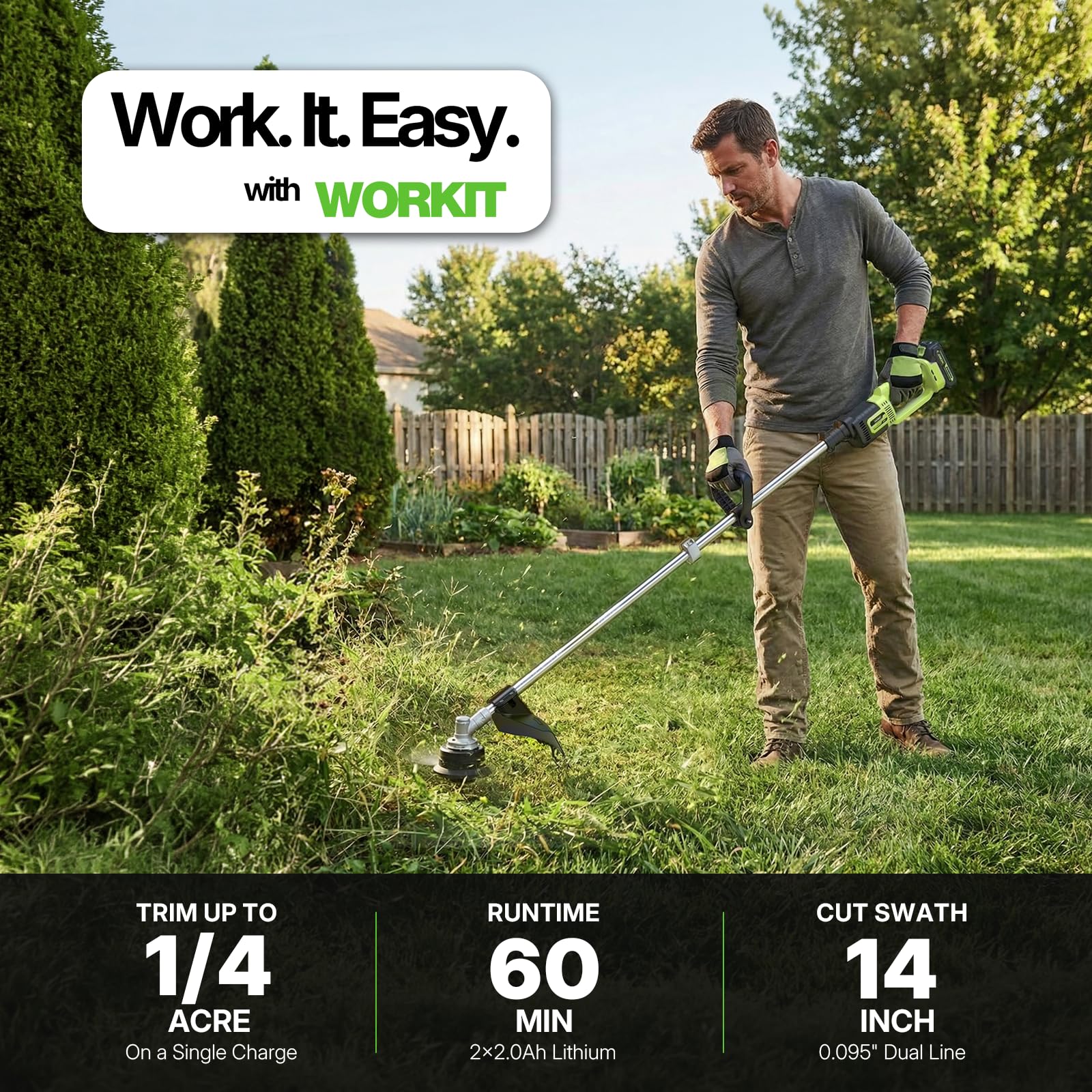 WORKIT trimmer side profile emphasizing slim body and easy maneuverability benefit