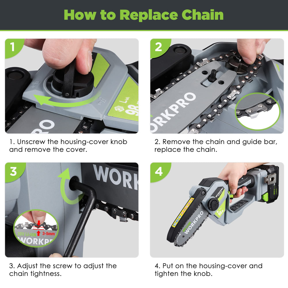 WORKPRO accessory kit with spare chains, oil, and carrying box for complete readiness