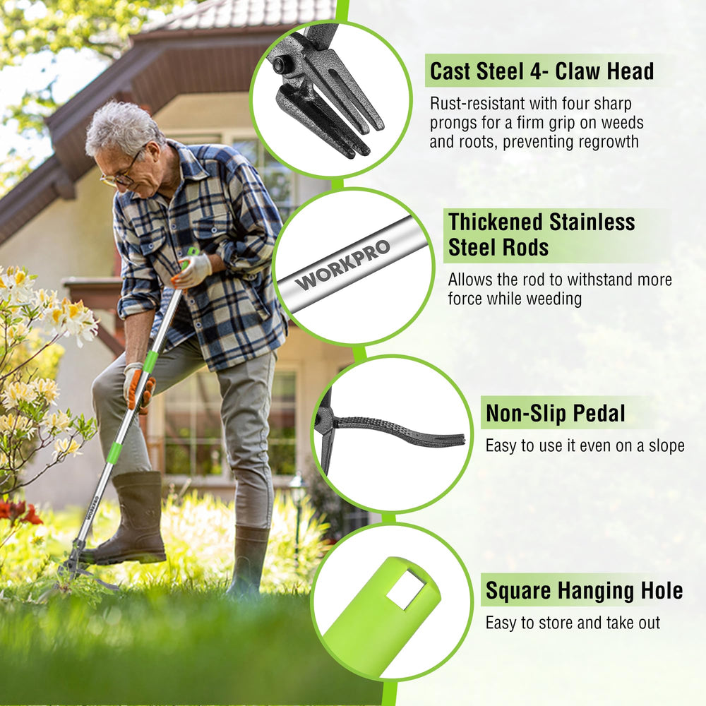 WORKPRO adjustable handle extended and collapsed demonstrating 33 and 46-inch lengths
