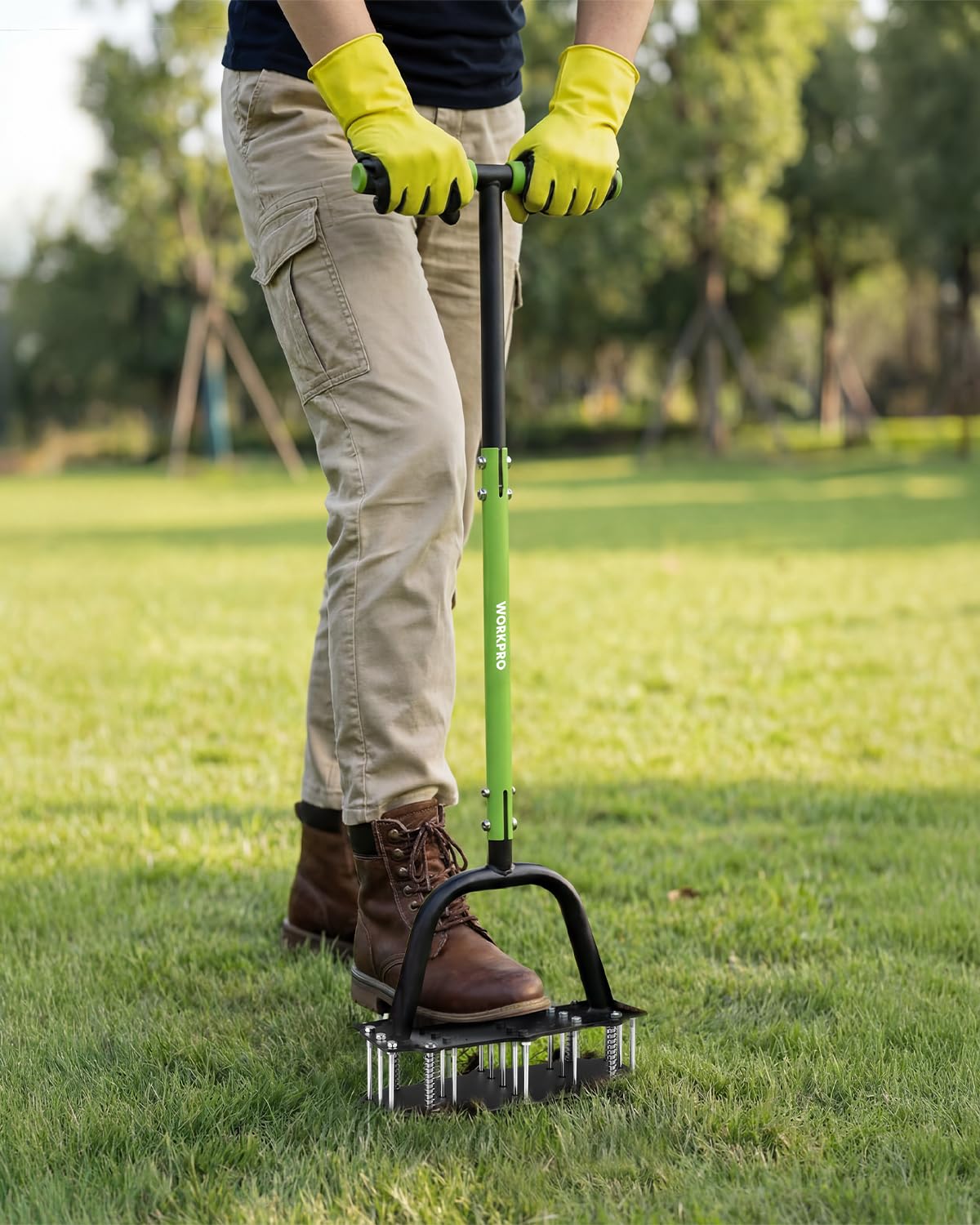 WORKPRO aerator in use on lawn demonstrating efficient aeration and time-saving benefit