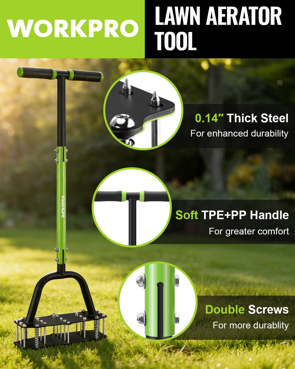 WORKPRO aerator with foot on head for scale showing large coverage and control benefit