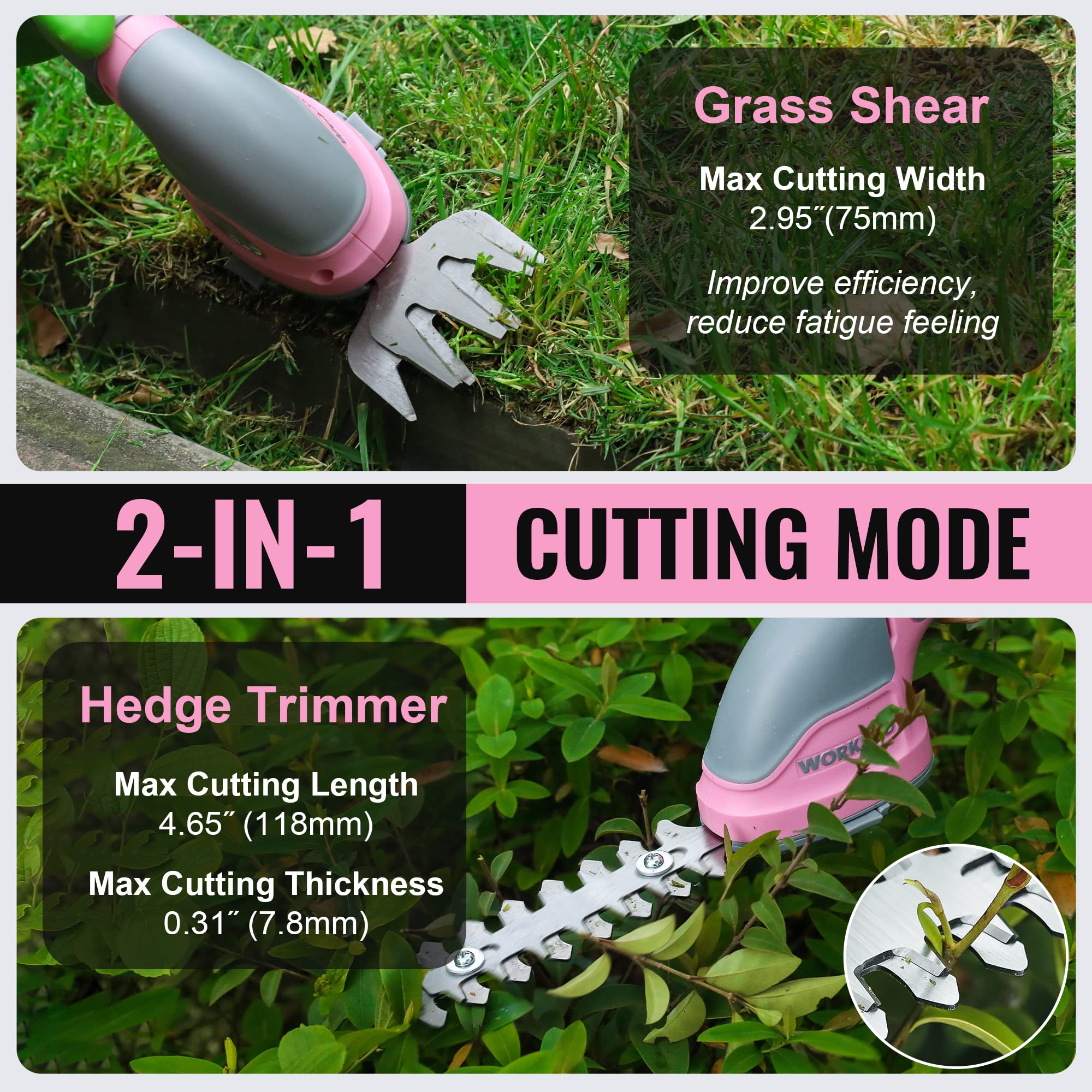 WORKPRO grass blade close-up showing narrow cutting edge for tidy lawn edges