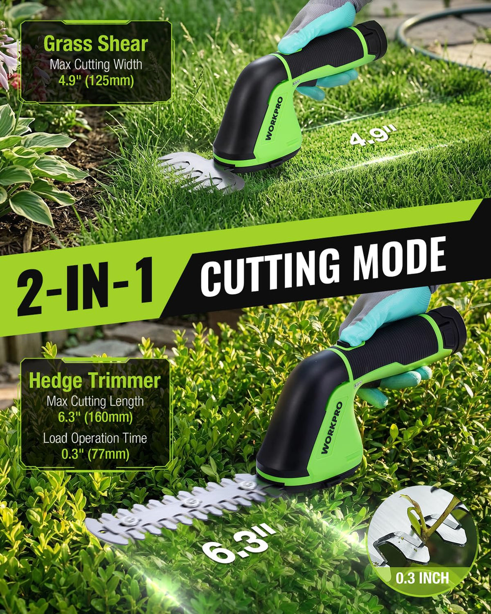 WORKPRO close-up of shrub blade teeth showing sharpness for precise hedge cuts