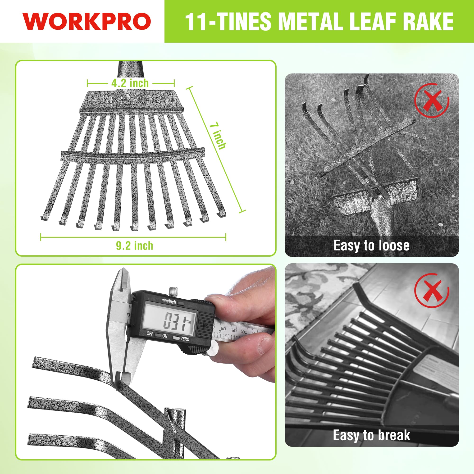 WORKPRO rake disassembled for compact storage and easy transport benefit