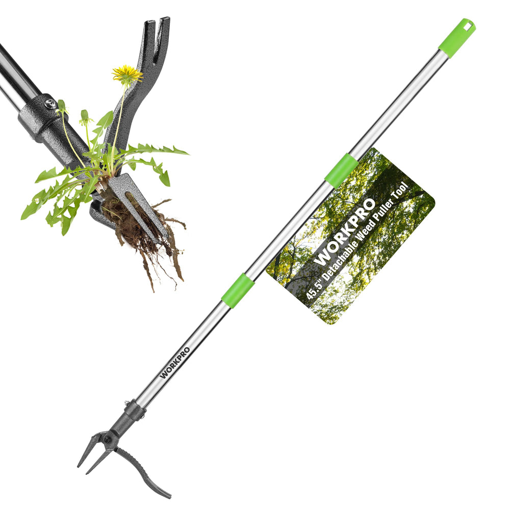 WORKPRO front view of assembled weed puller showing full tool and handle for easy reach