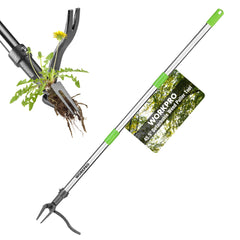WORKPRO front view of assembled weed puller showing full tool and handle for easy reach