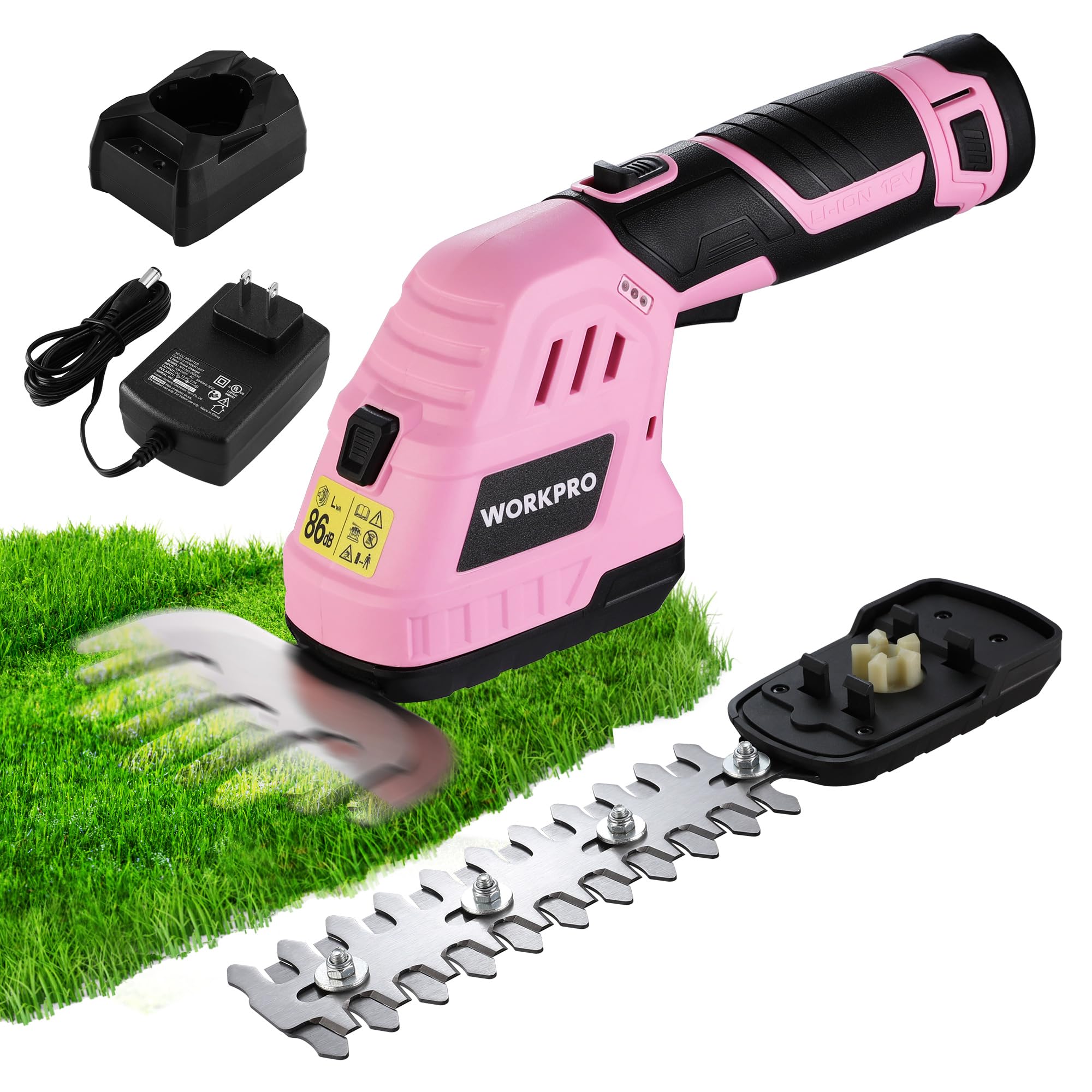 WORKPRO front view showing compact trimmer and included battery for portable convenience
