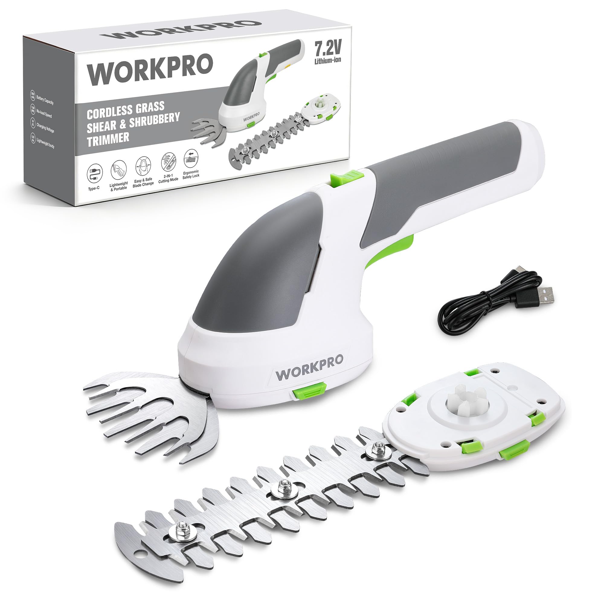 WORKPRO front view of cordless grass shear showing compact design and portability