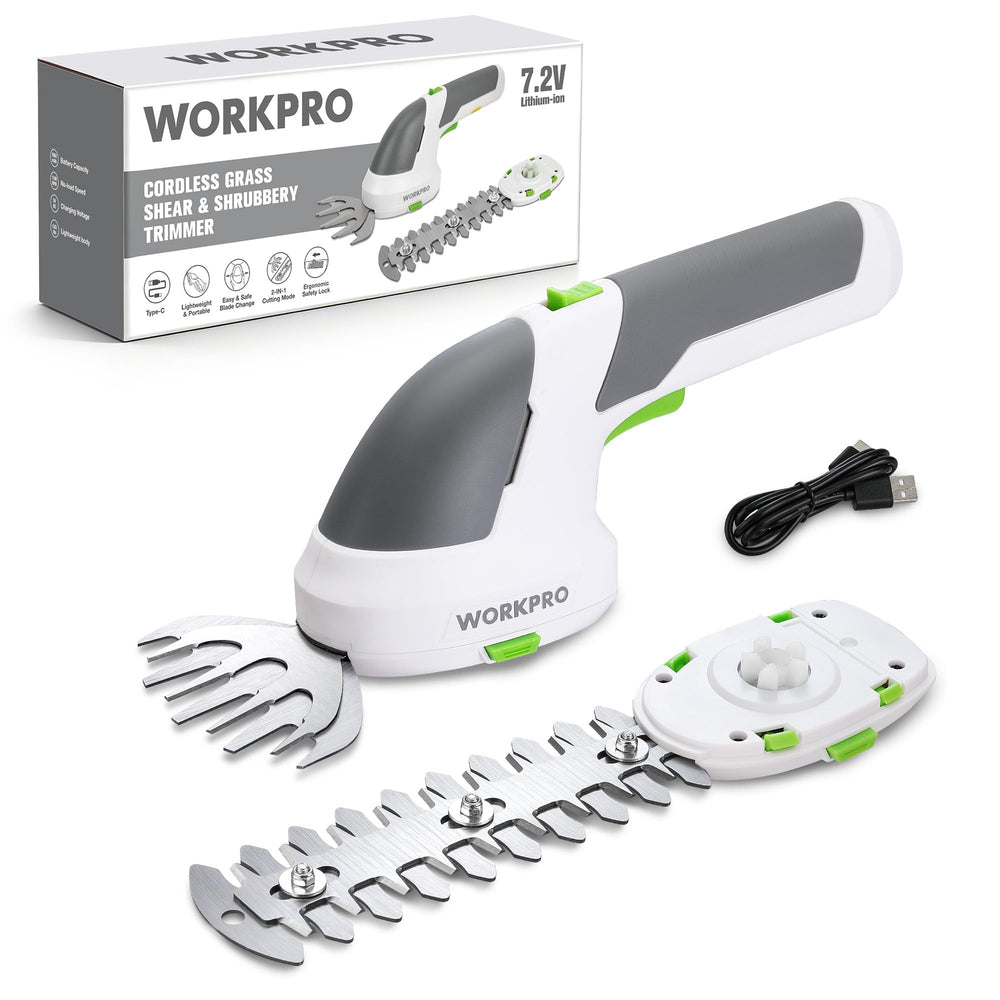 WORKPRO front view of cordless grass shear showing compact design and portability
