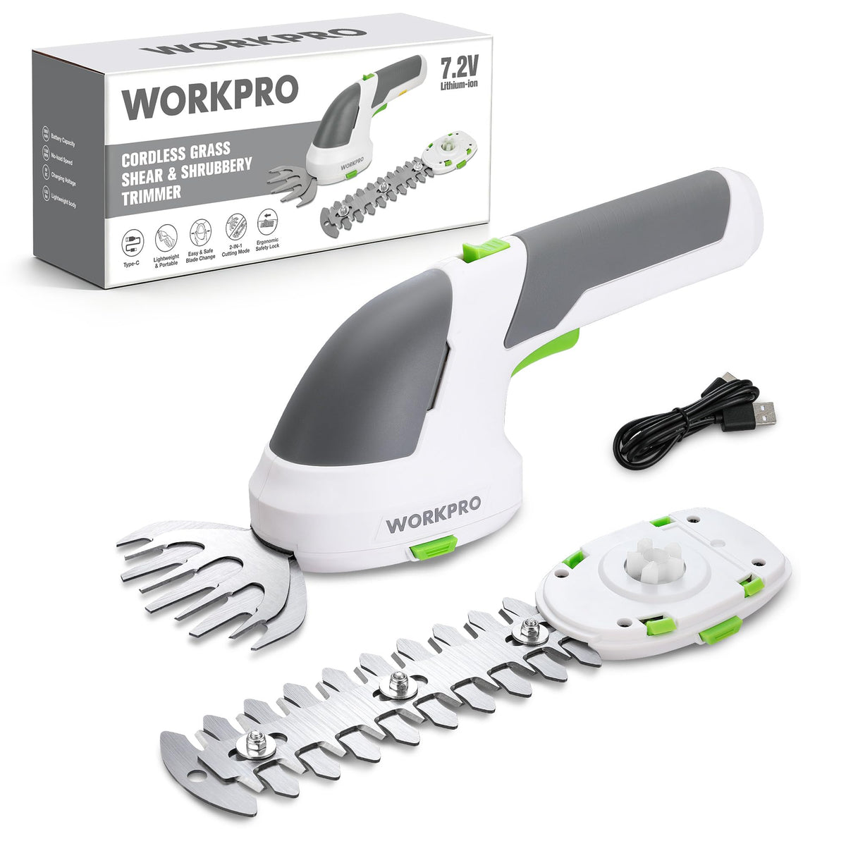 WORKPRO front view of cordless grass shear showing compact design and portability