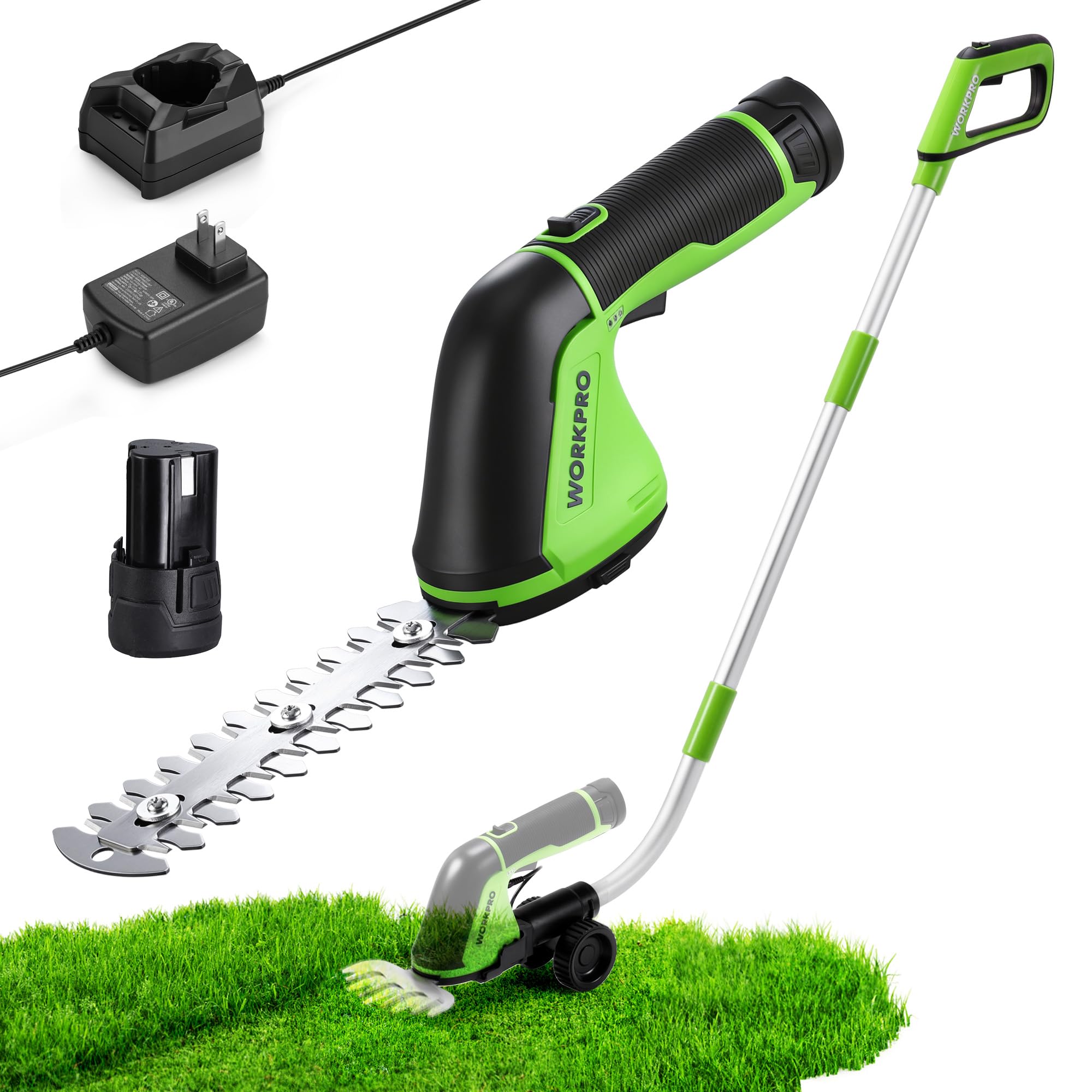 WORKPRO front view of cordless trimmer showing compact design and portability benefit
