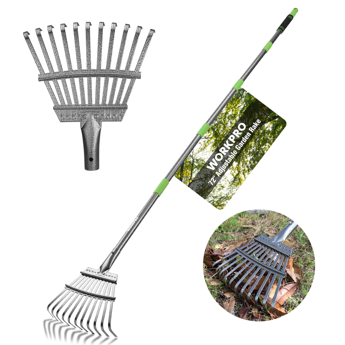 WORKPRO front view of small rake showing narrow head and full tool benefit