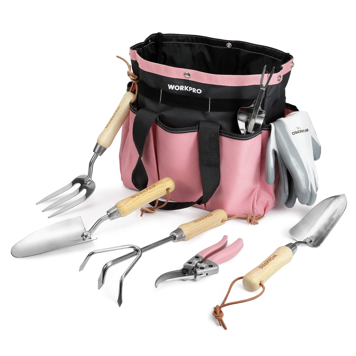 WORKPRO front view of tote and eight pink garden tools showing organized kit and portability