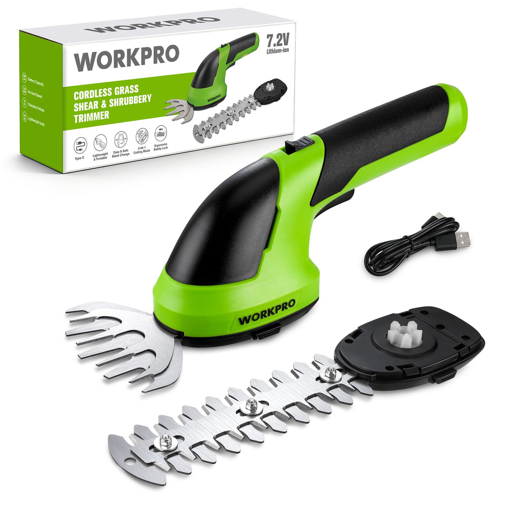 WORKPRO front view of cordless trimmer showing compact design and benefits