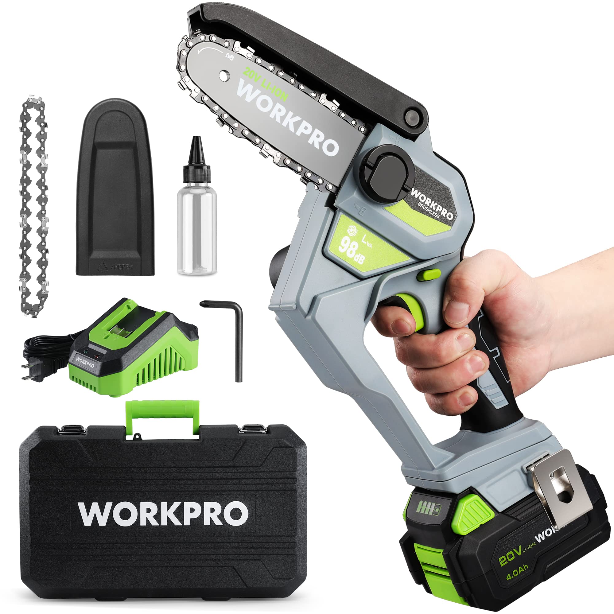 WORKPRO front view showing compact chainsaw and ready-to-use kit benefit