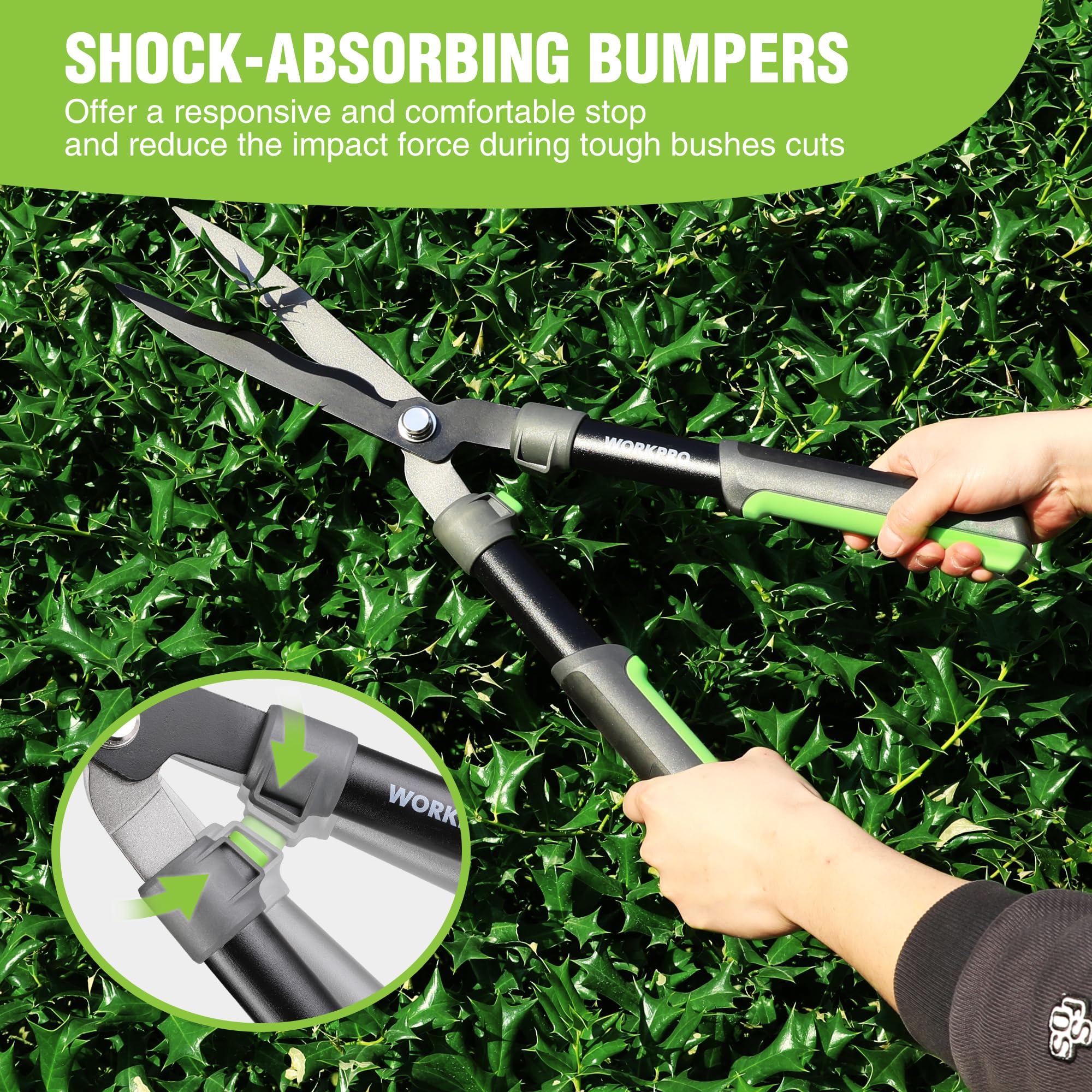 WORKPRO shears cutting hedge branch demonstrating precise, clean trimming benefit