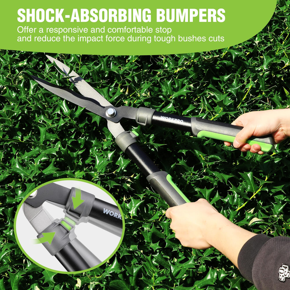 WORKPRO shears cutting hedge branch demonstrating precise, clean trimming benefit